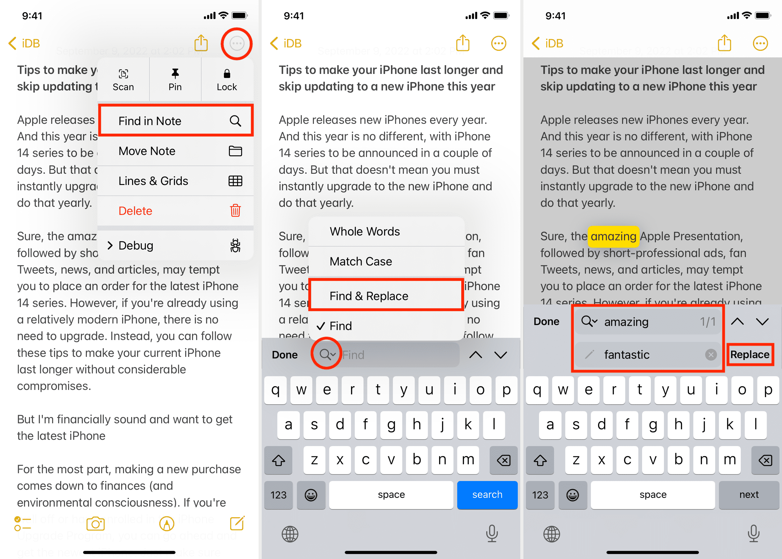Three iPhone screenshots showing how to use Find and replace tool in iPhone Notes app