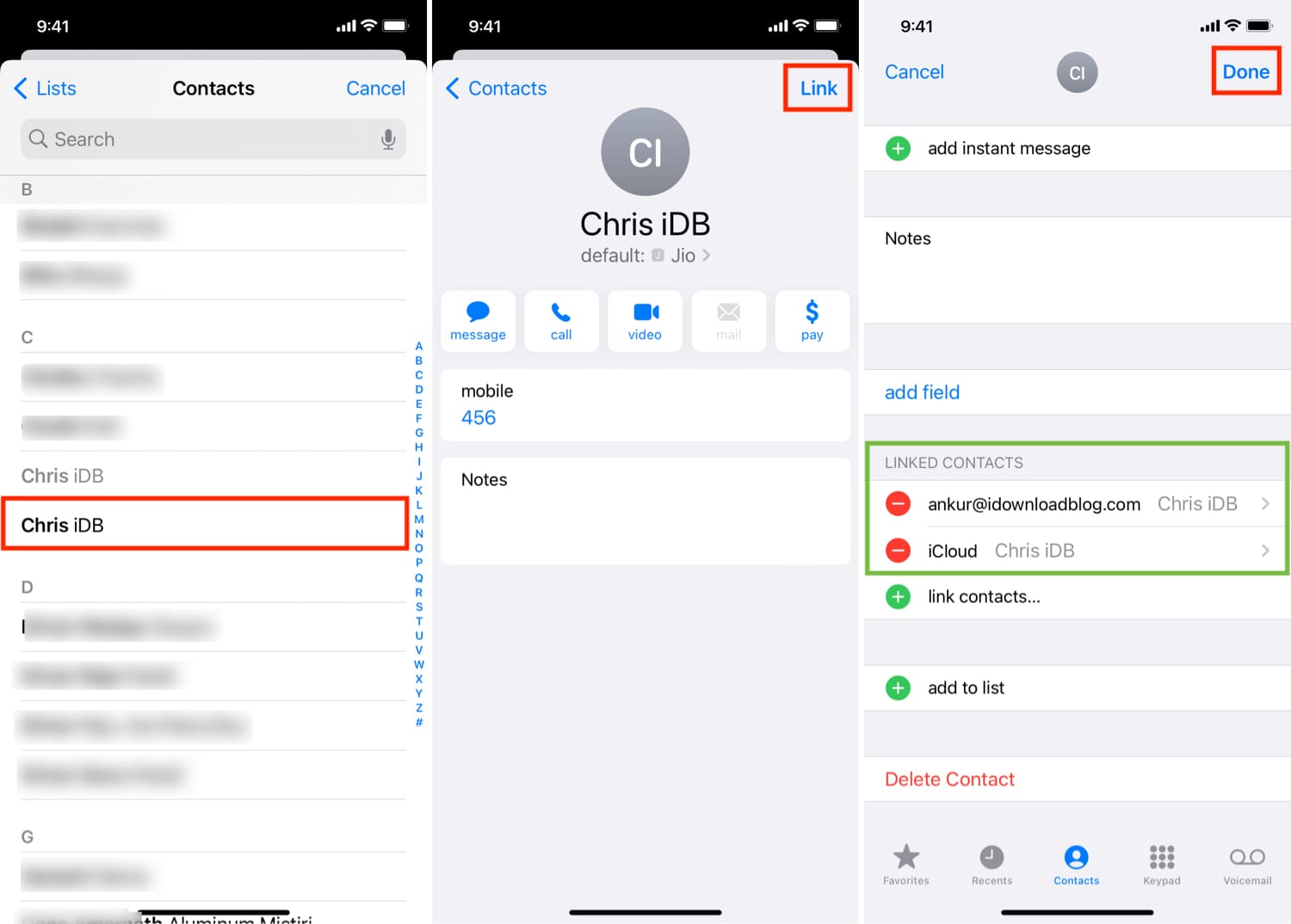 Finish linking same contacts on iPhone