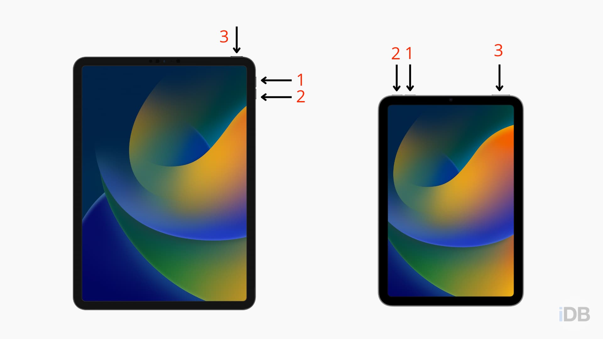Image composition showing how to force restart iPad models with Face ID or with Touch ID at the top