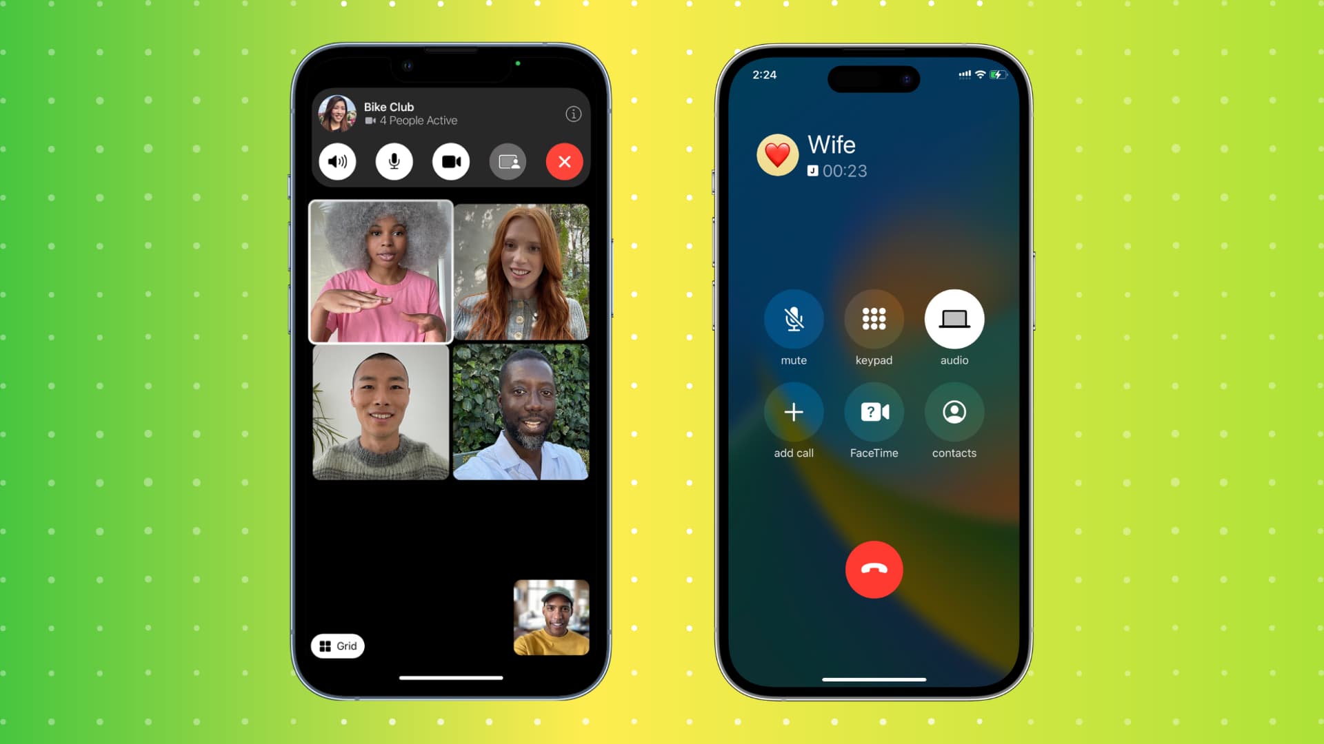 Two iPhone mockups showing an ongoing FaceTime group call and carrier phone call