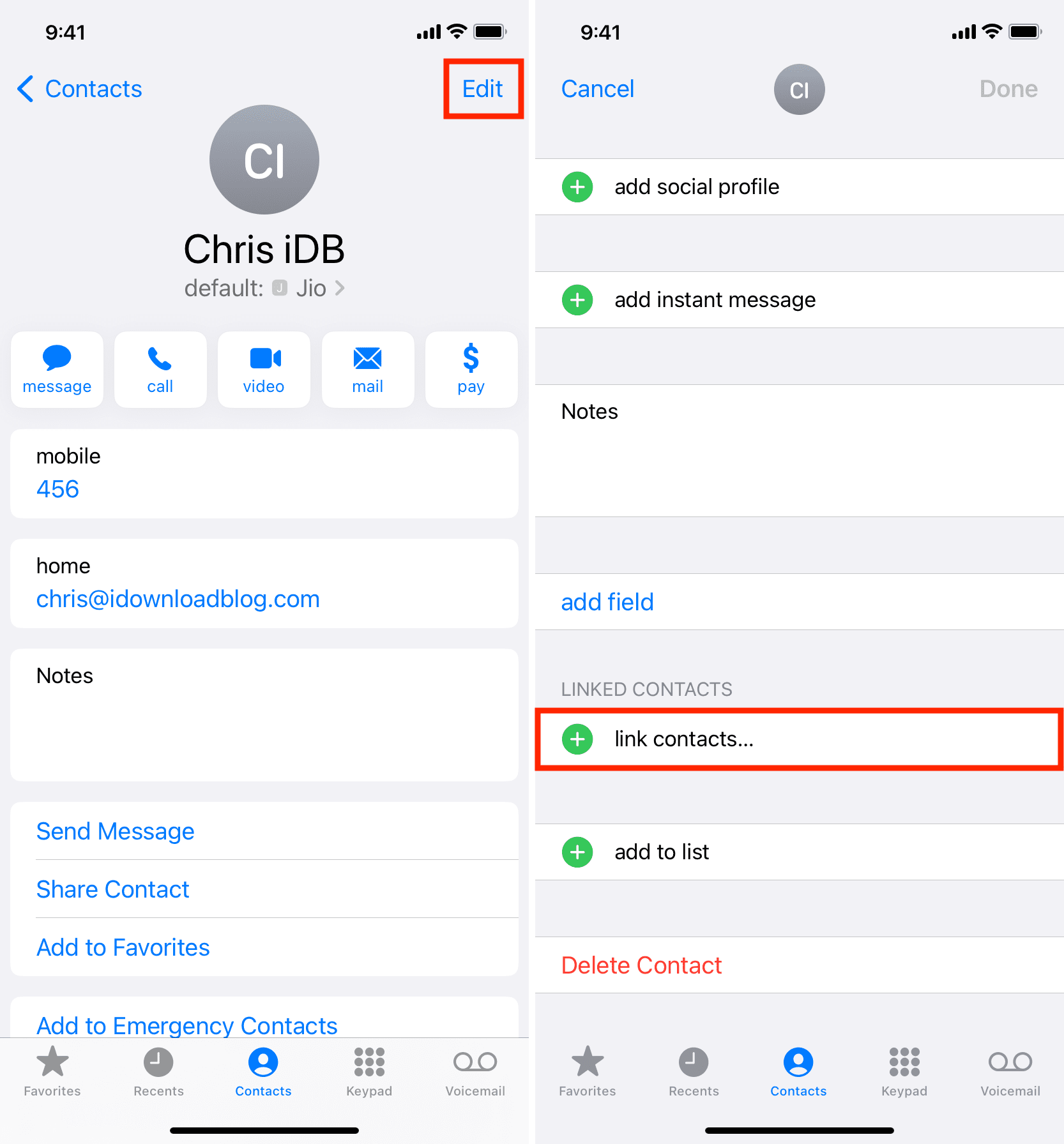 Link contacts in iPhone Contacts app