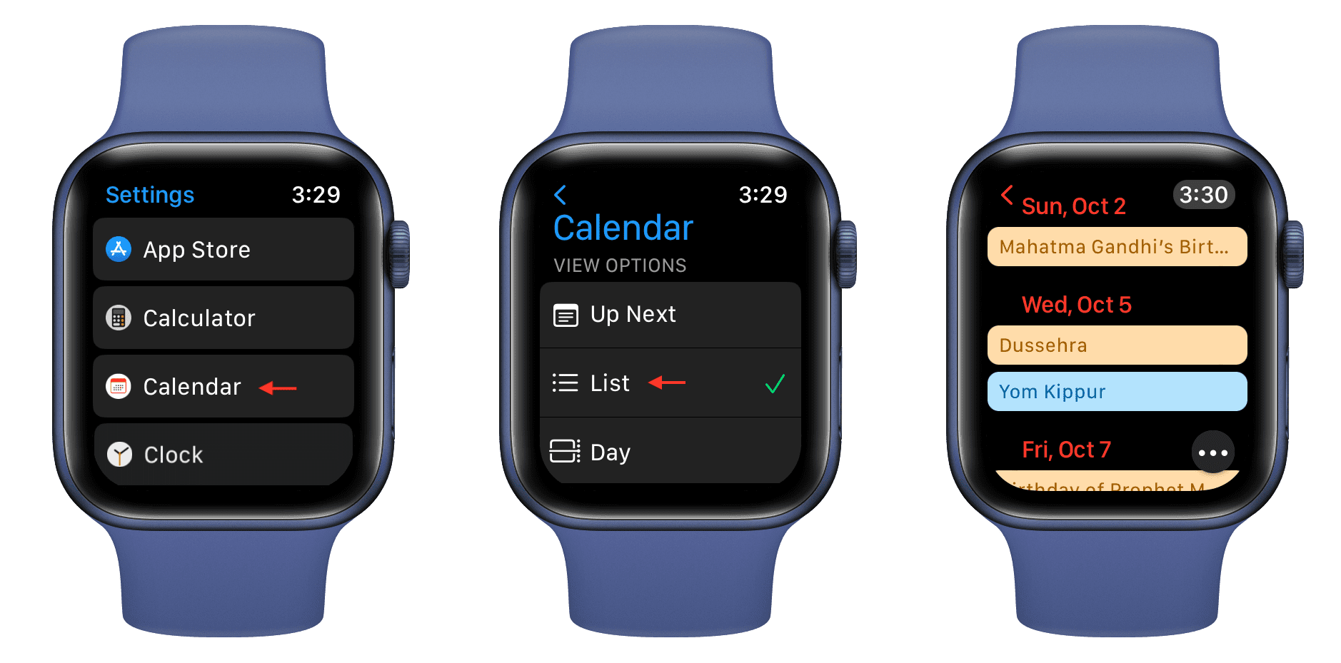 List view in Calendar app on Apple Watch