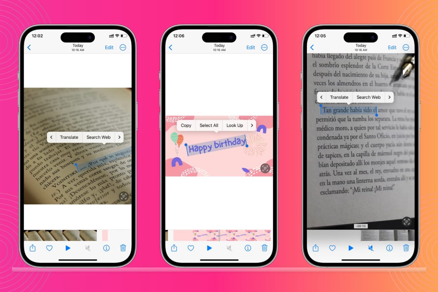 Three iPhone mockups that show using Live Text to recognize and copy, translate, or use words, sentences and text found in the video