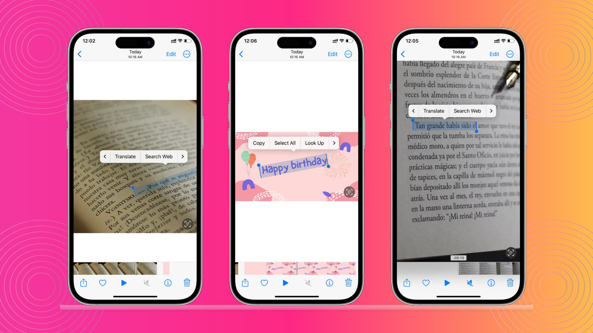 Three iPhone mockups that show using Live Text to recognize and copy, translate, or use words, sentences and text found in the video