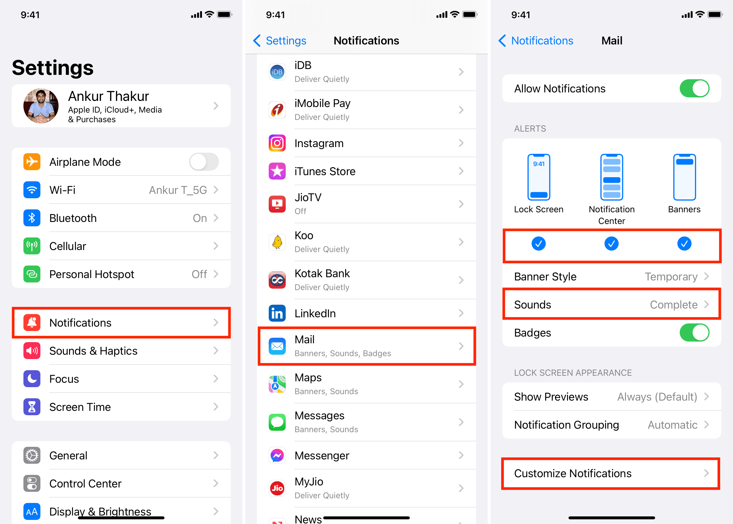 Mail app notification settings to get alerts