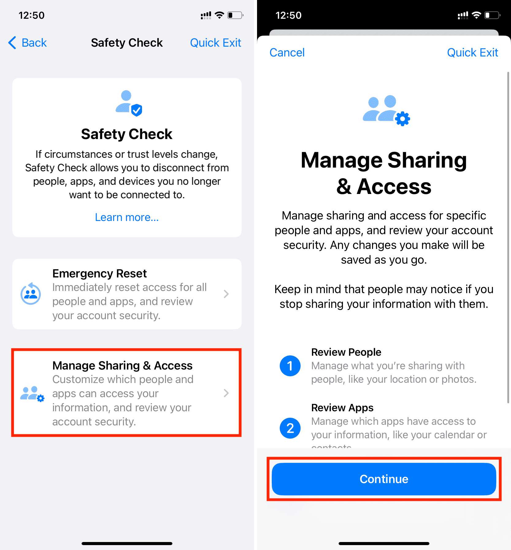 Manage Sharing and Access in iPhone Safety Check settings