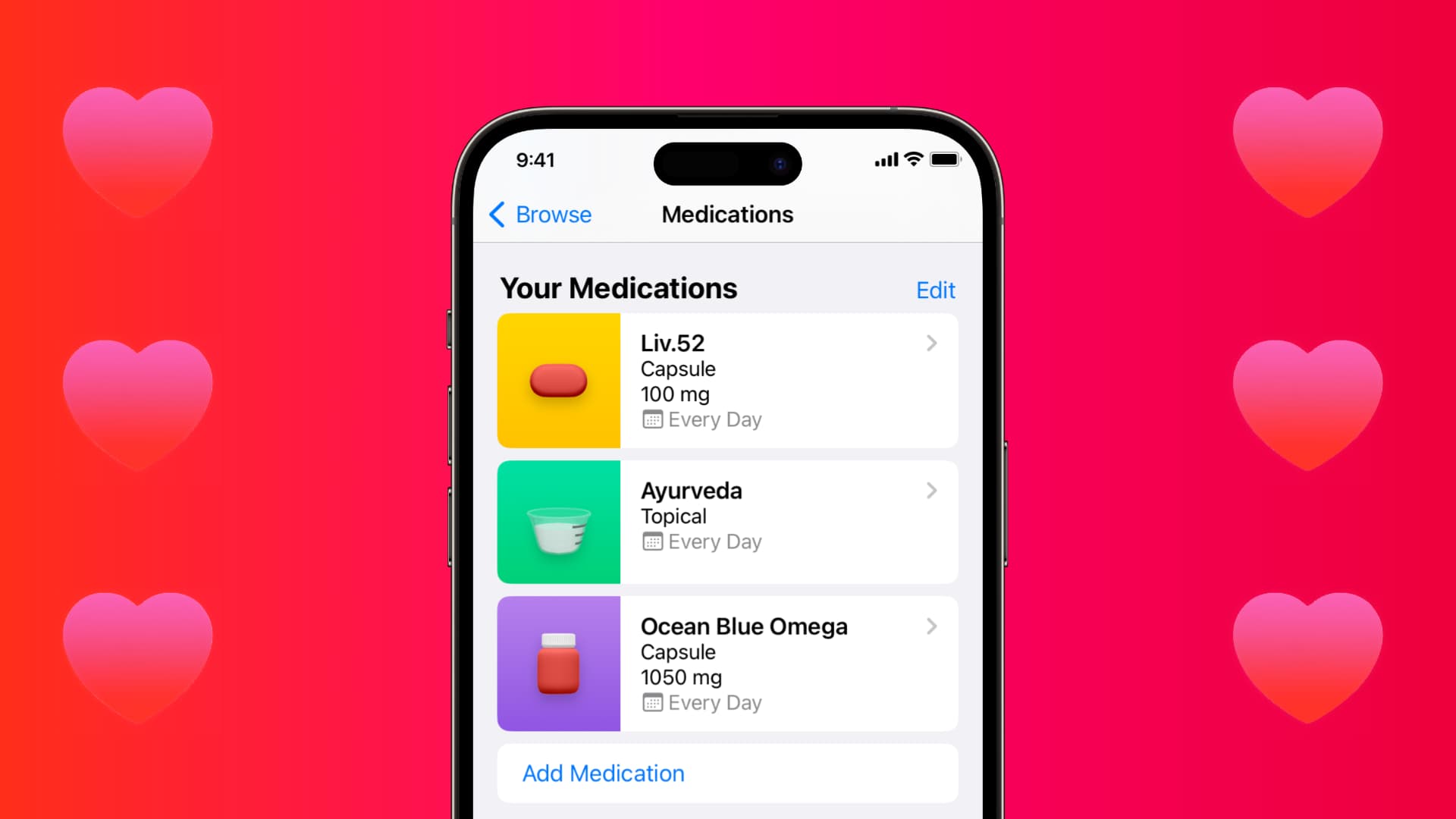 Image composition showing iPhone Health app with three medications added to it. Six red hearts on a pinkish-red solid background signify the iOS 16 Health app