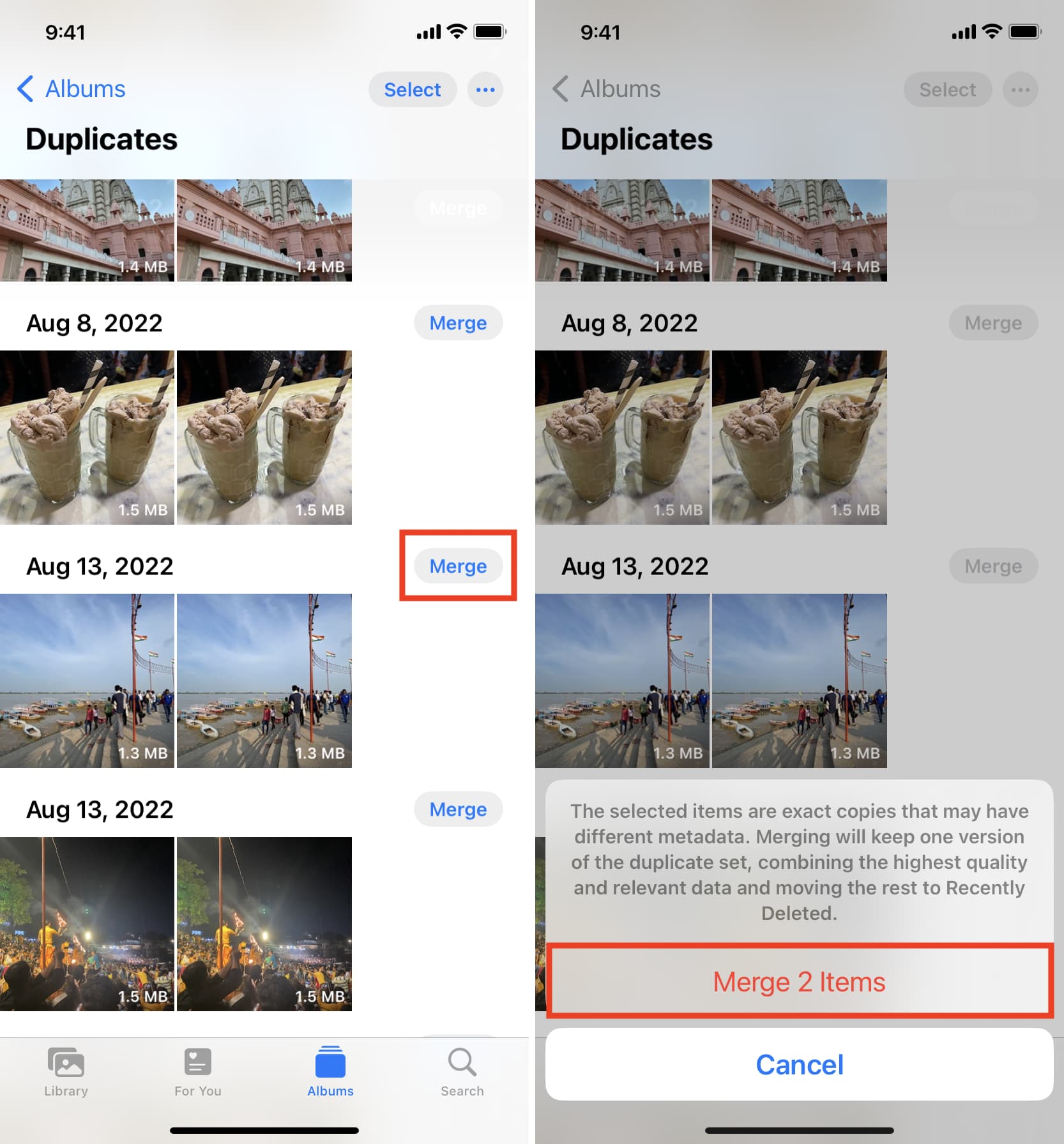 Merge duplicates in iPhone Photos app