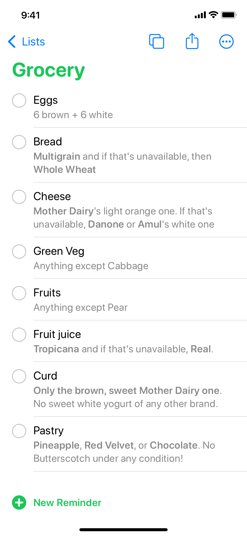 My grocery reminder template on iPhone