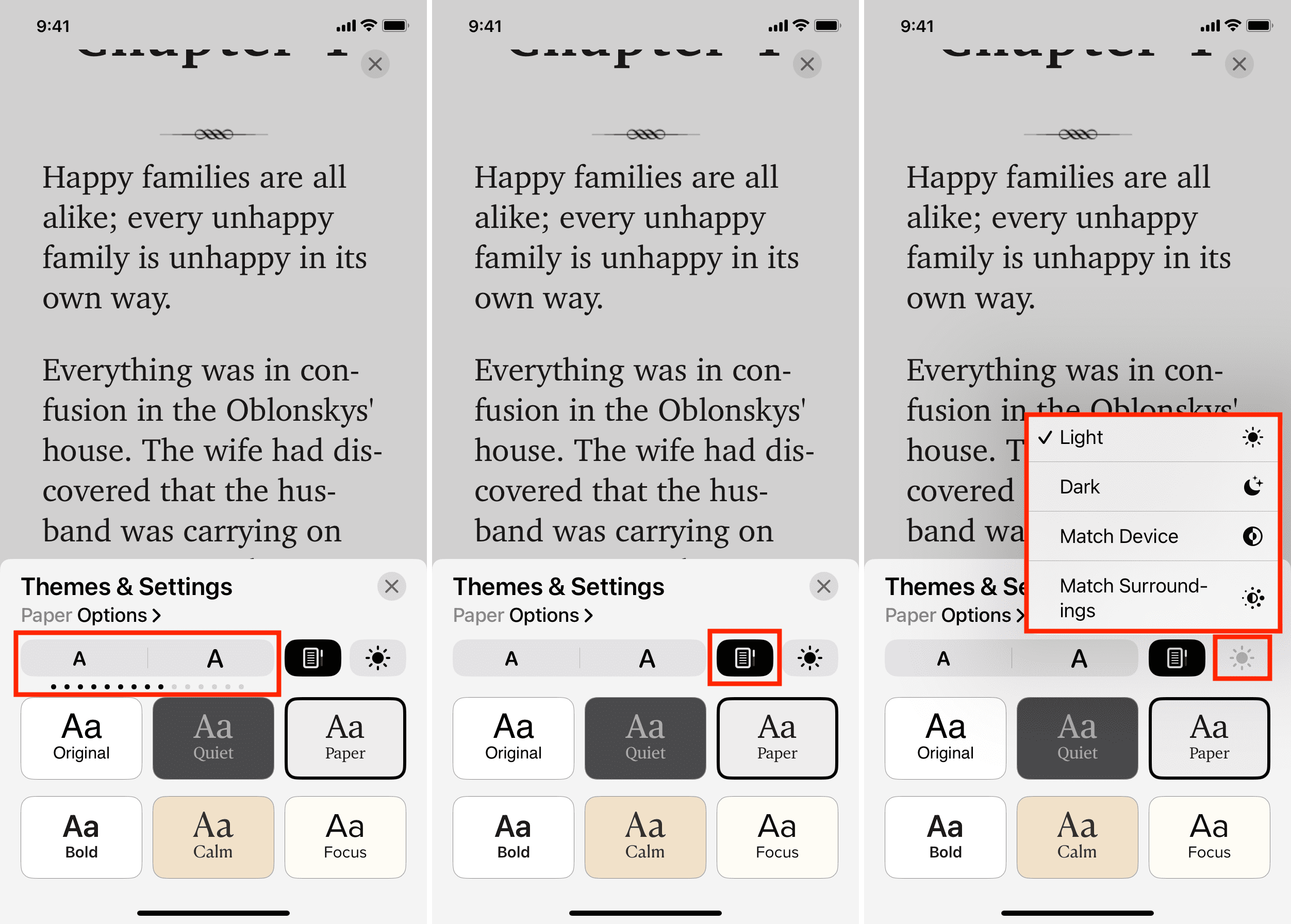 Other customization options like text size, vertical scrolling, and dark mode in Books app on iPhone