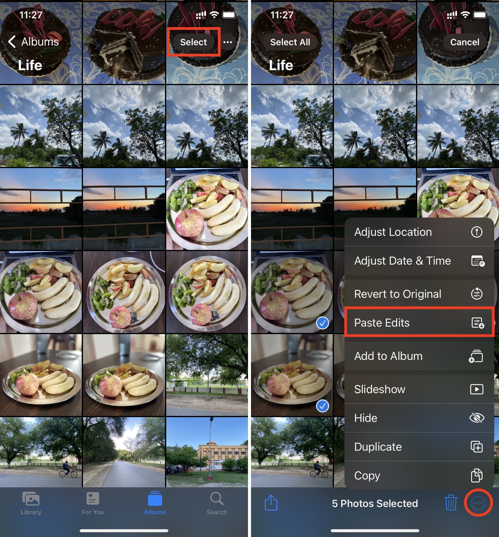 Paste Edits to several images in iPhone Photos app