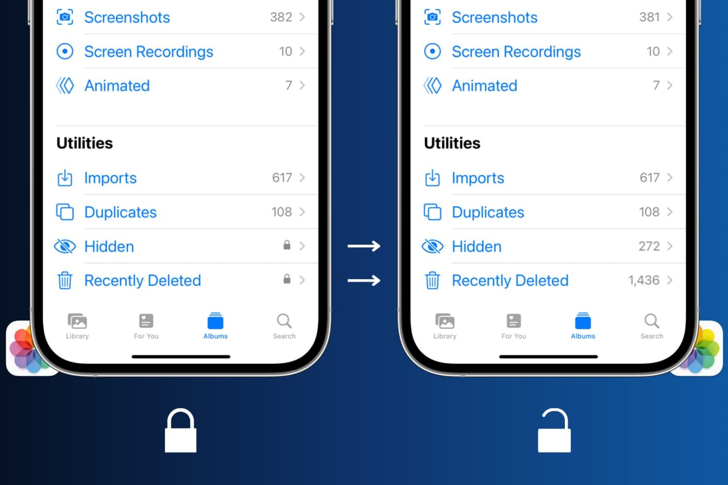 Two iPhone mockups with one showing locked Hidden and Recently Deleted sections in the Photos app while the other showing them as unlocked