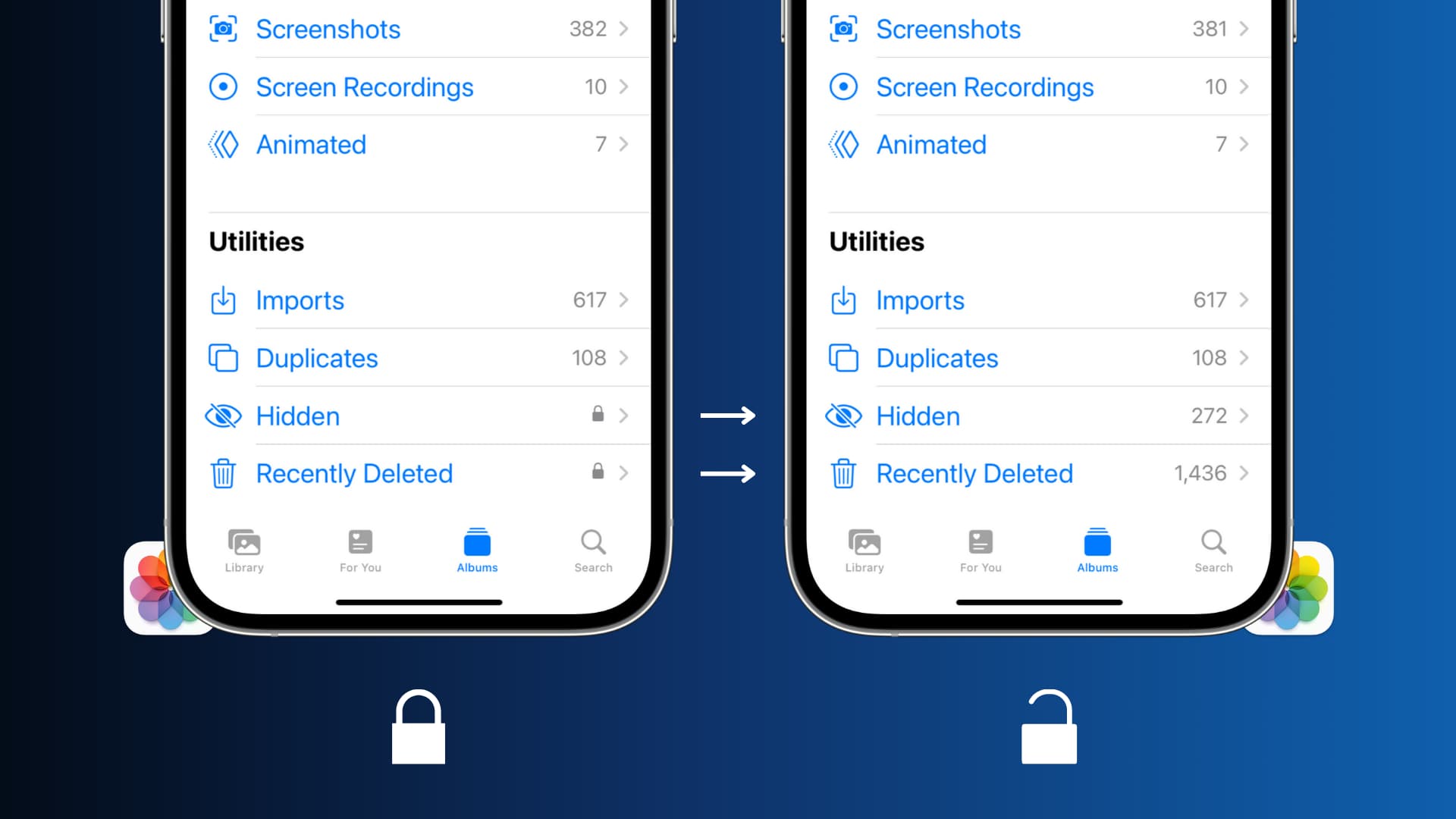 Two iPhone mockups with one showing locked Hidden and Recently Deleted sections in the Photos app while the other showing them as unlocked
