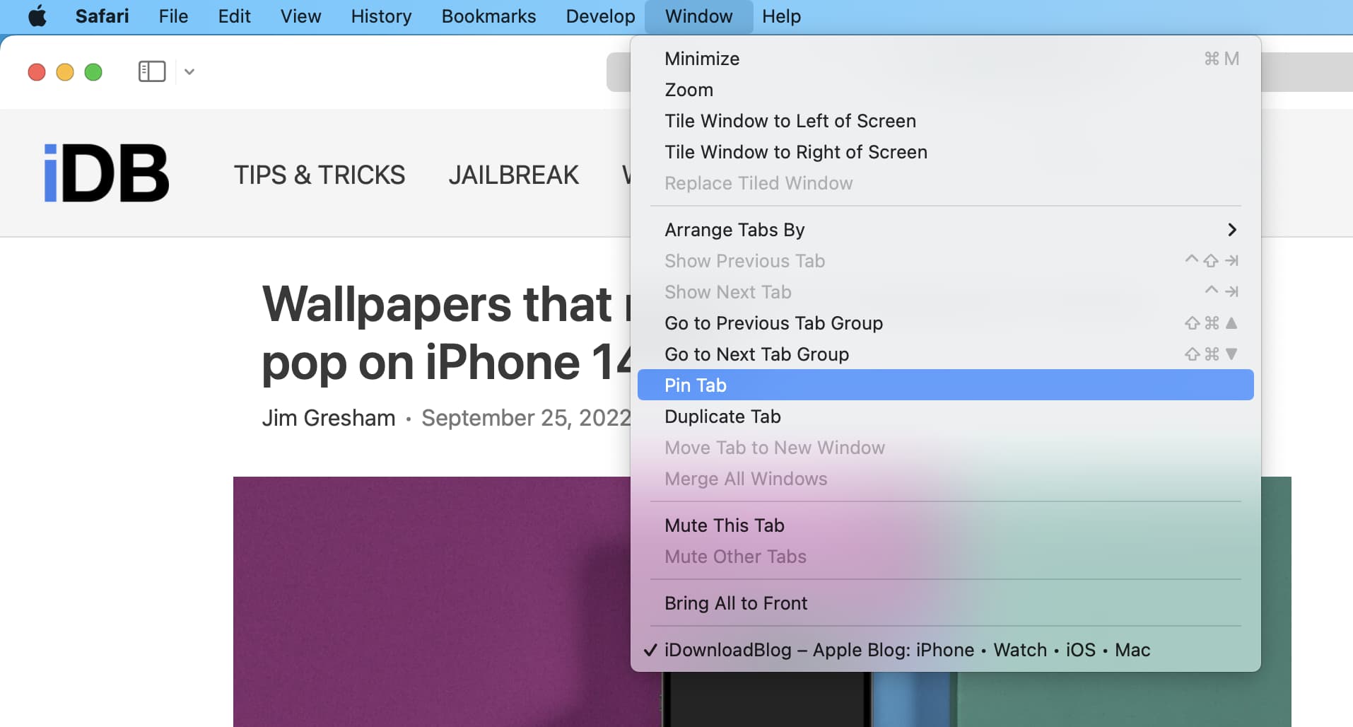 Pin Tab in Safari on Mac by clicking Window from top menu bar