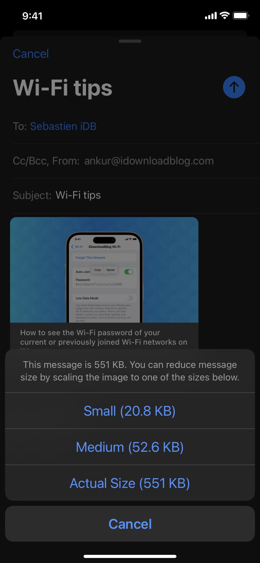 Reduce email size before sending in the Mail app on iPhone