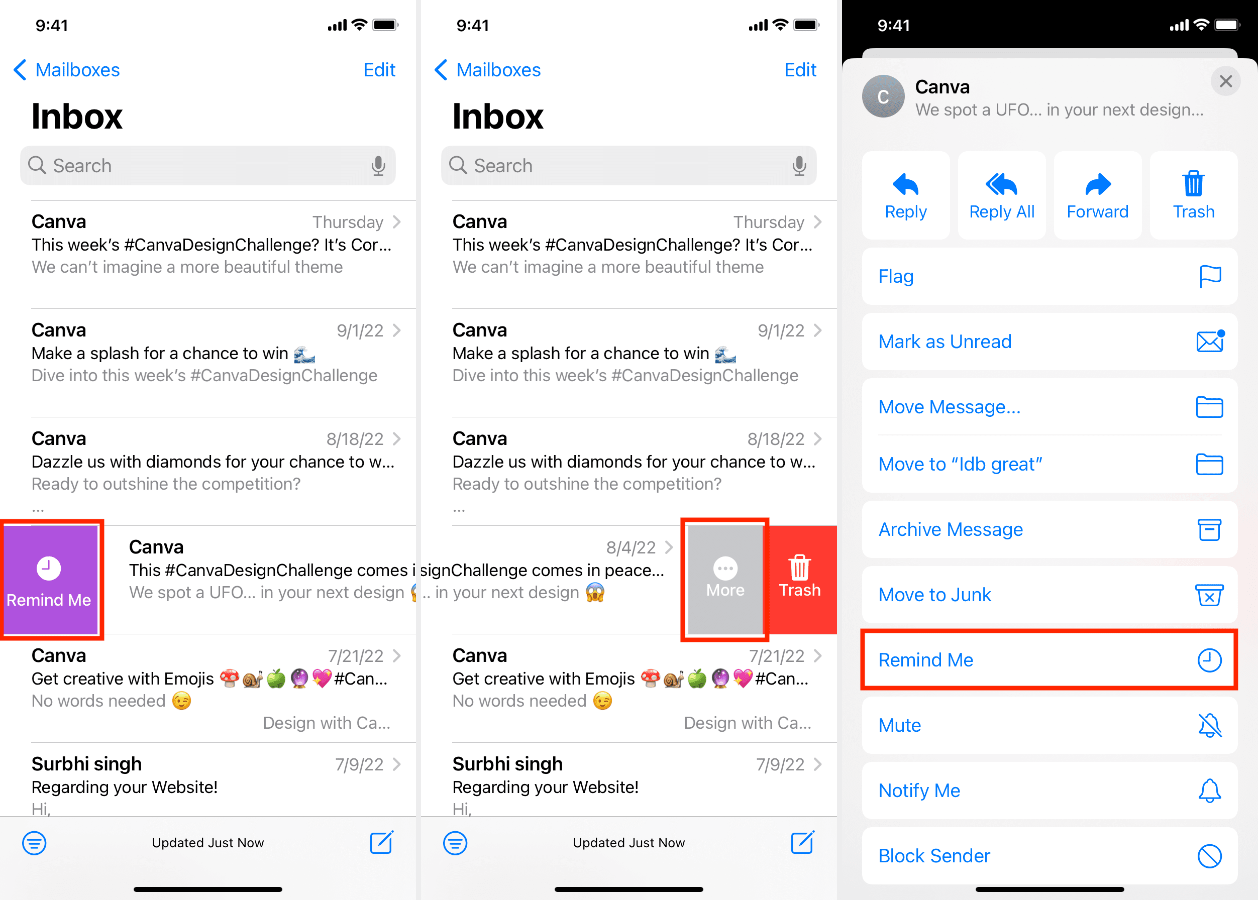 Remind Me option in iPhone Mail app in iOS 16