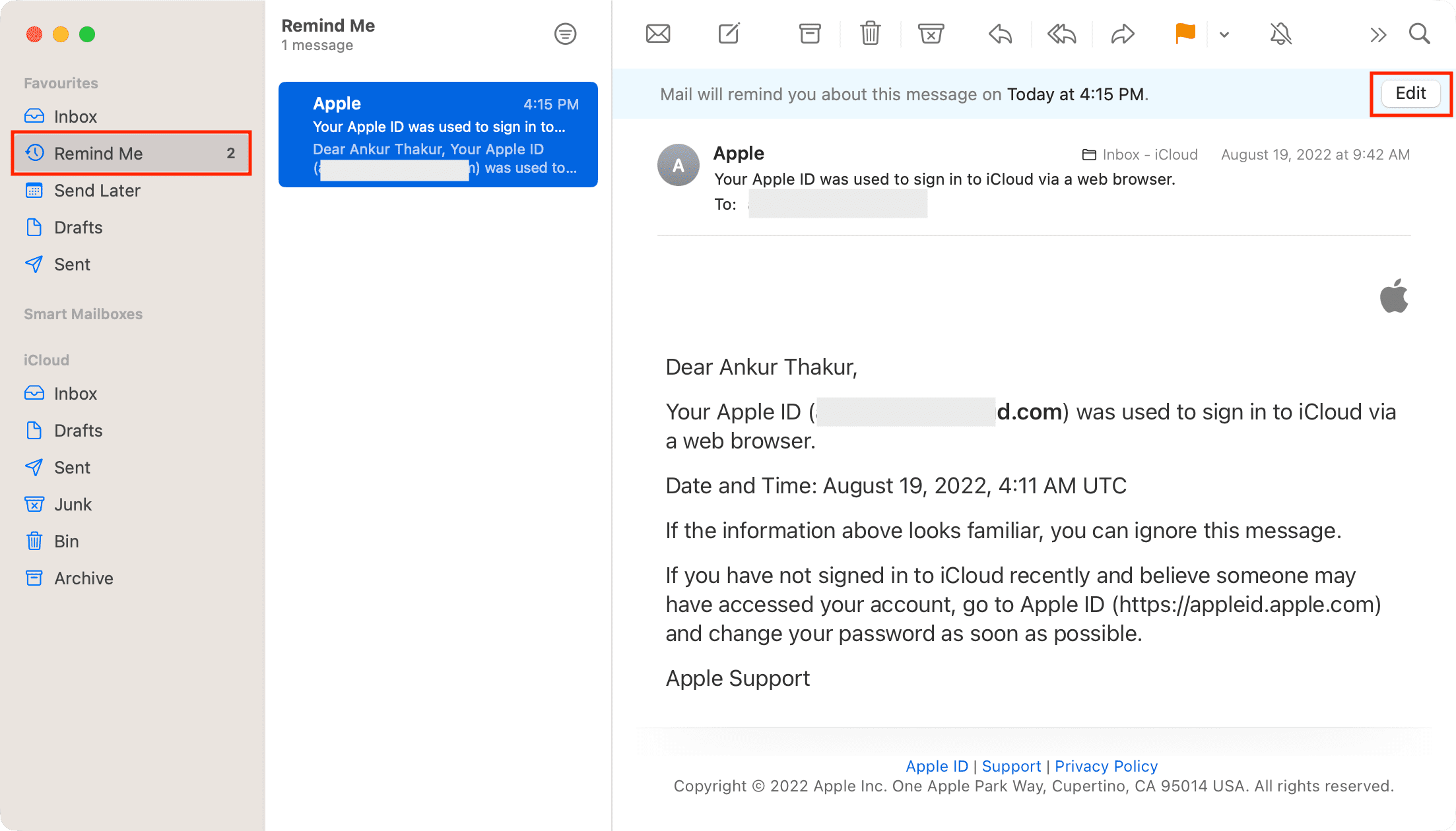 Remind Me section in Mac Mail app