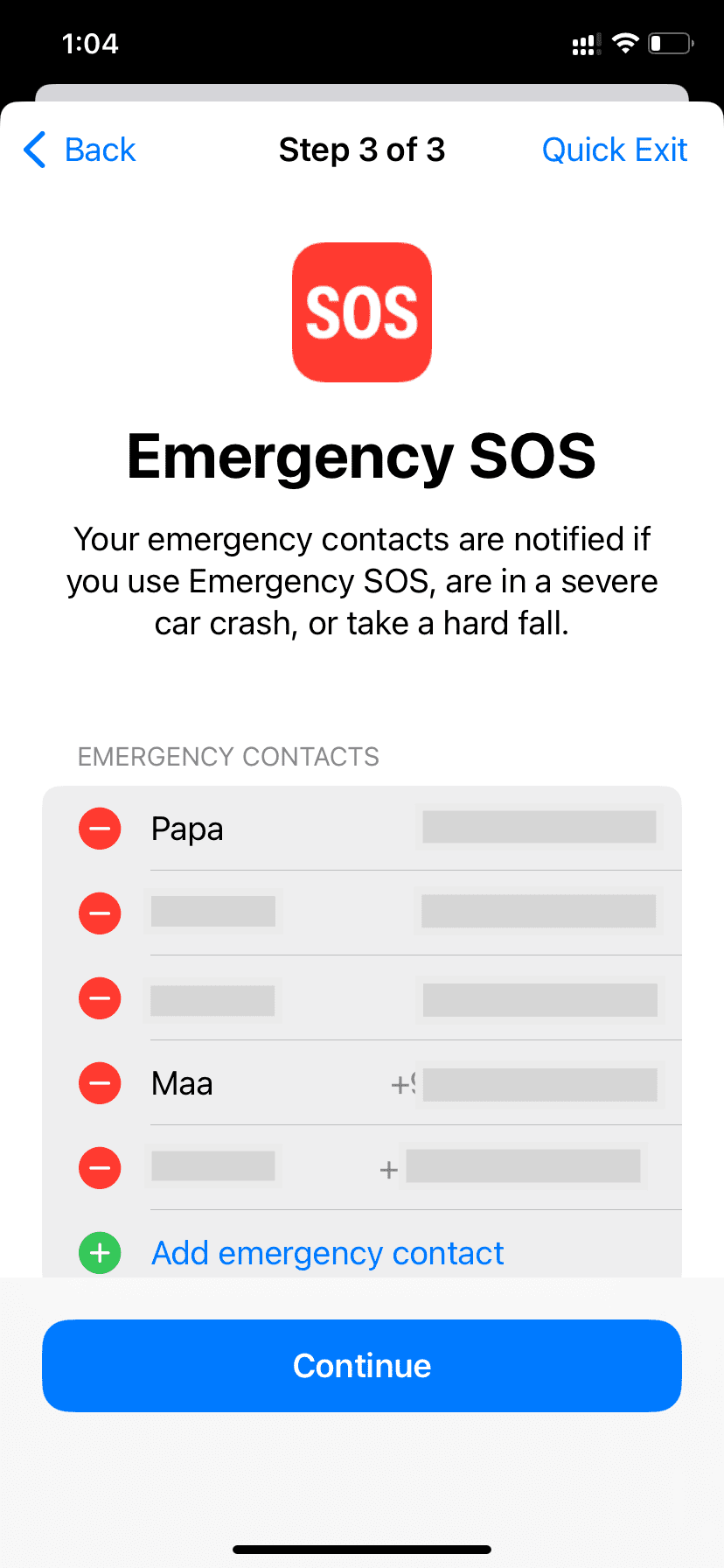 Review Emergency SOS contacts and their phone number during Safety Check
