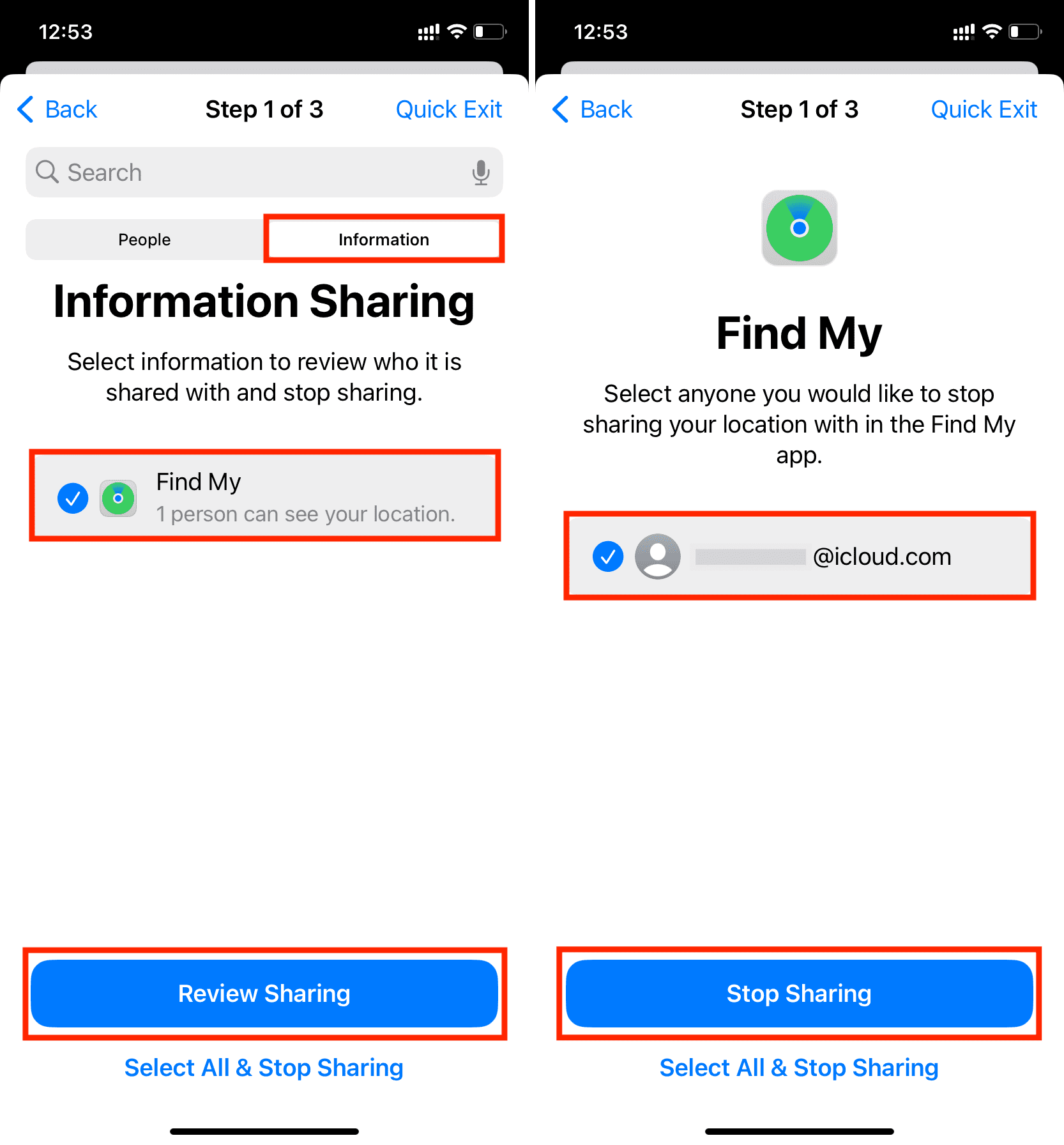 Review and stop Information Sharing in iPhone Safety Check
