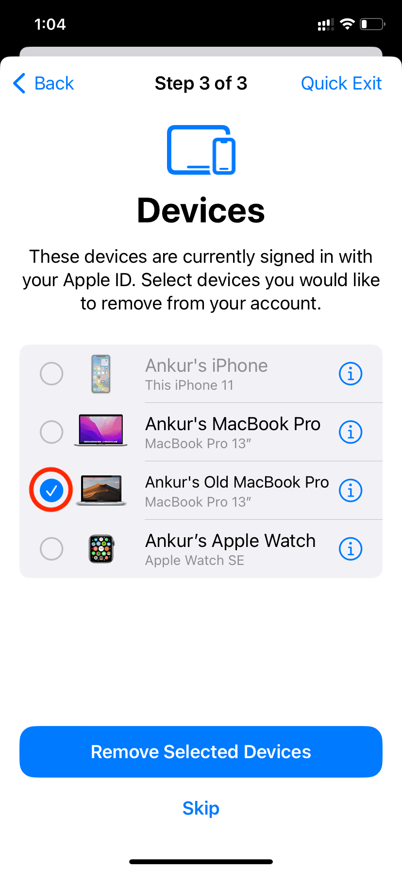 Review your Apple devices in Safety check and remove them