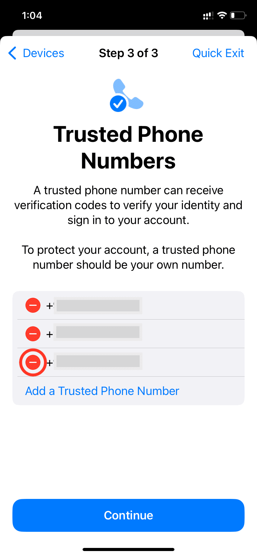 Review your trusted phone numbers and remove or add one in iPhone Safety Check
