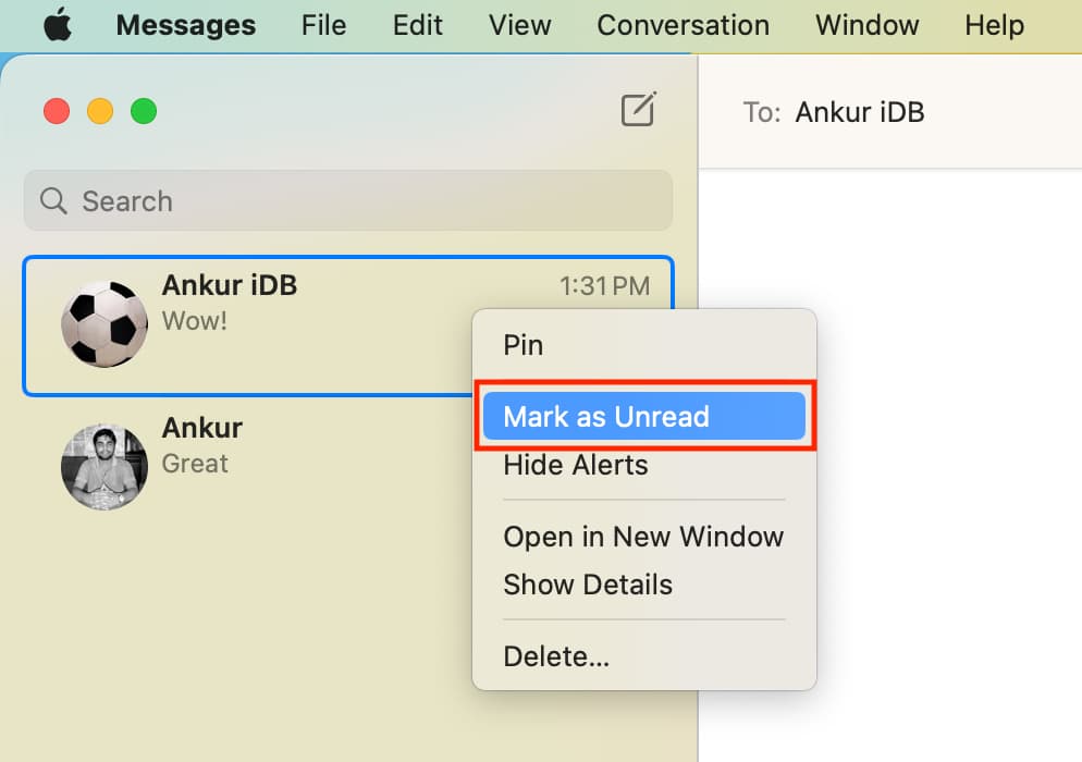 Right-click to Mark as Unread in Messages app on Mac