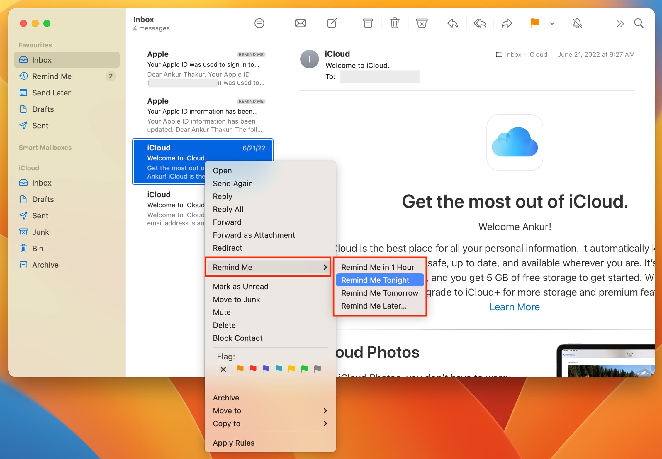 Right-click to use Remind Me in Mac Mail app