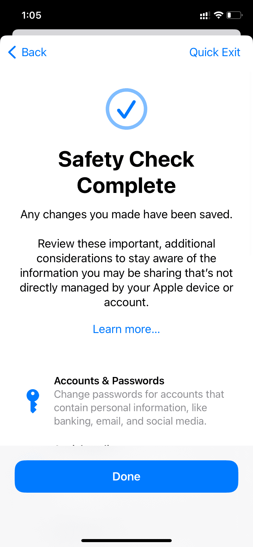 Safety Check Complete on iPhone