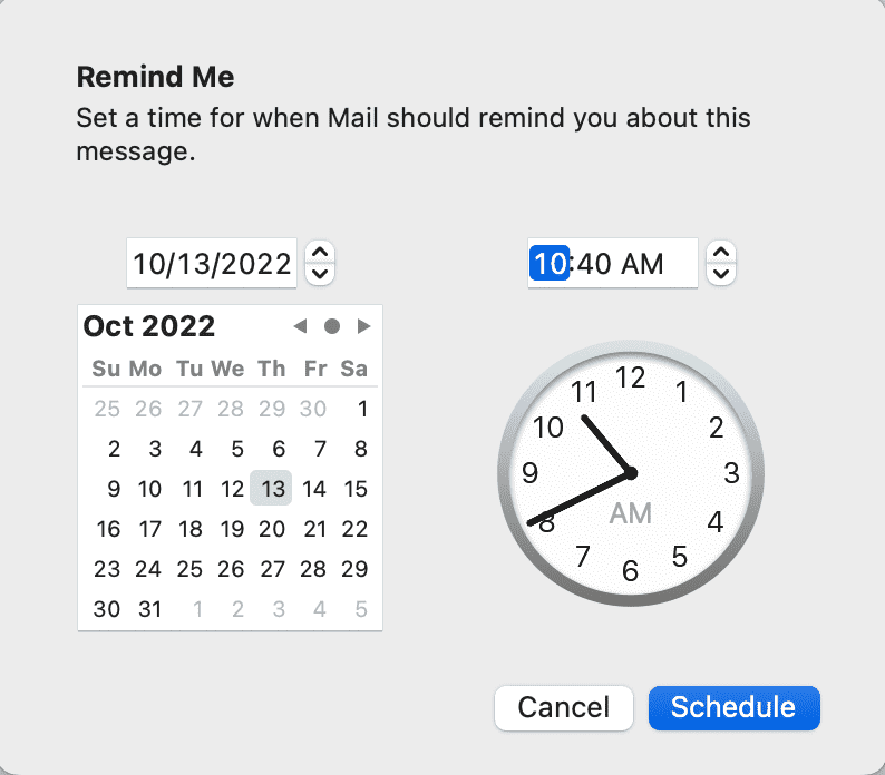 Schedule Remind Me in Mac Mail app
