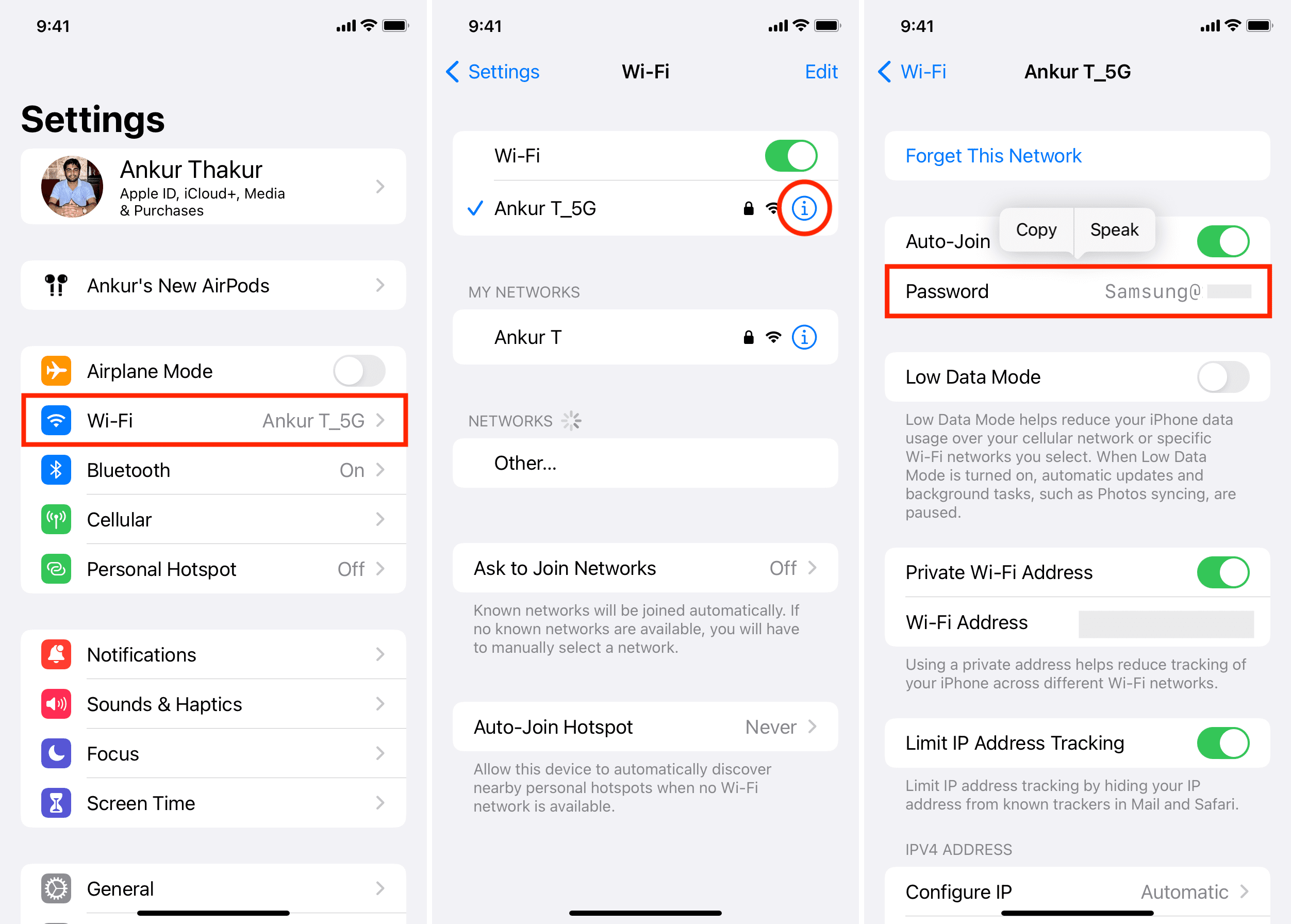 Three screenshots showing how to see the Wi-Fi password of a connected Wi-Fi network in iPhone Settings on iOS 16