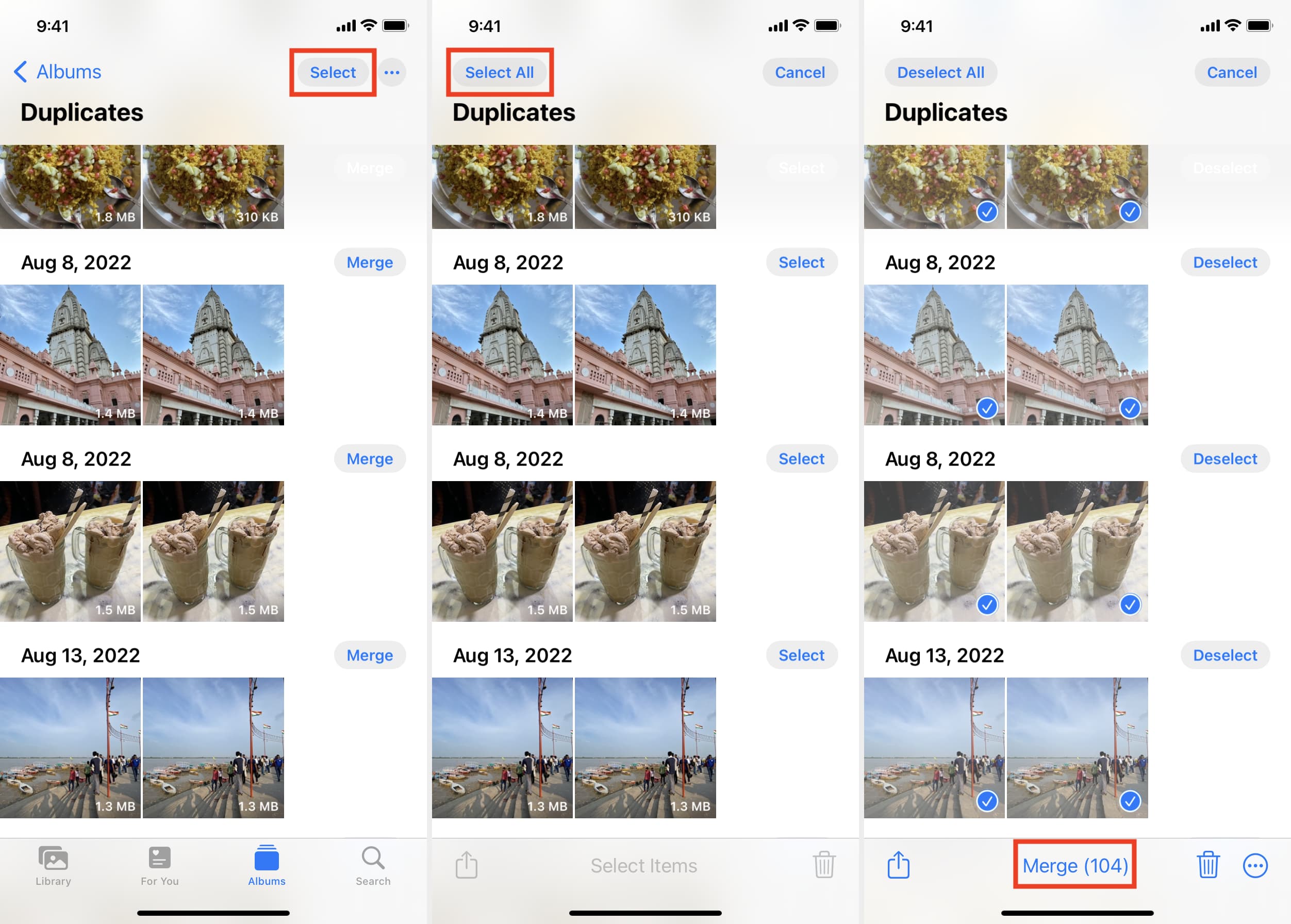 Select and merge all duplicate photos on iPhone in iOS 16
