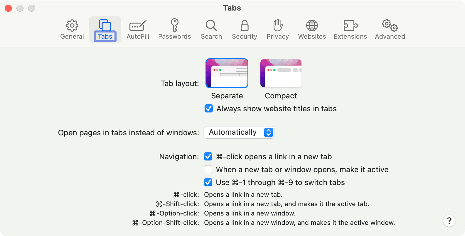 Separate tab layout in Safari on Mac