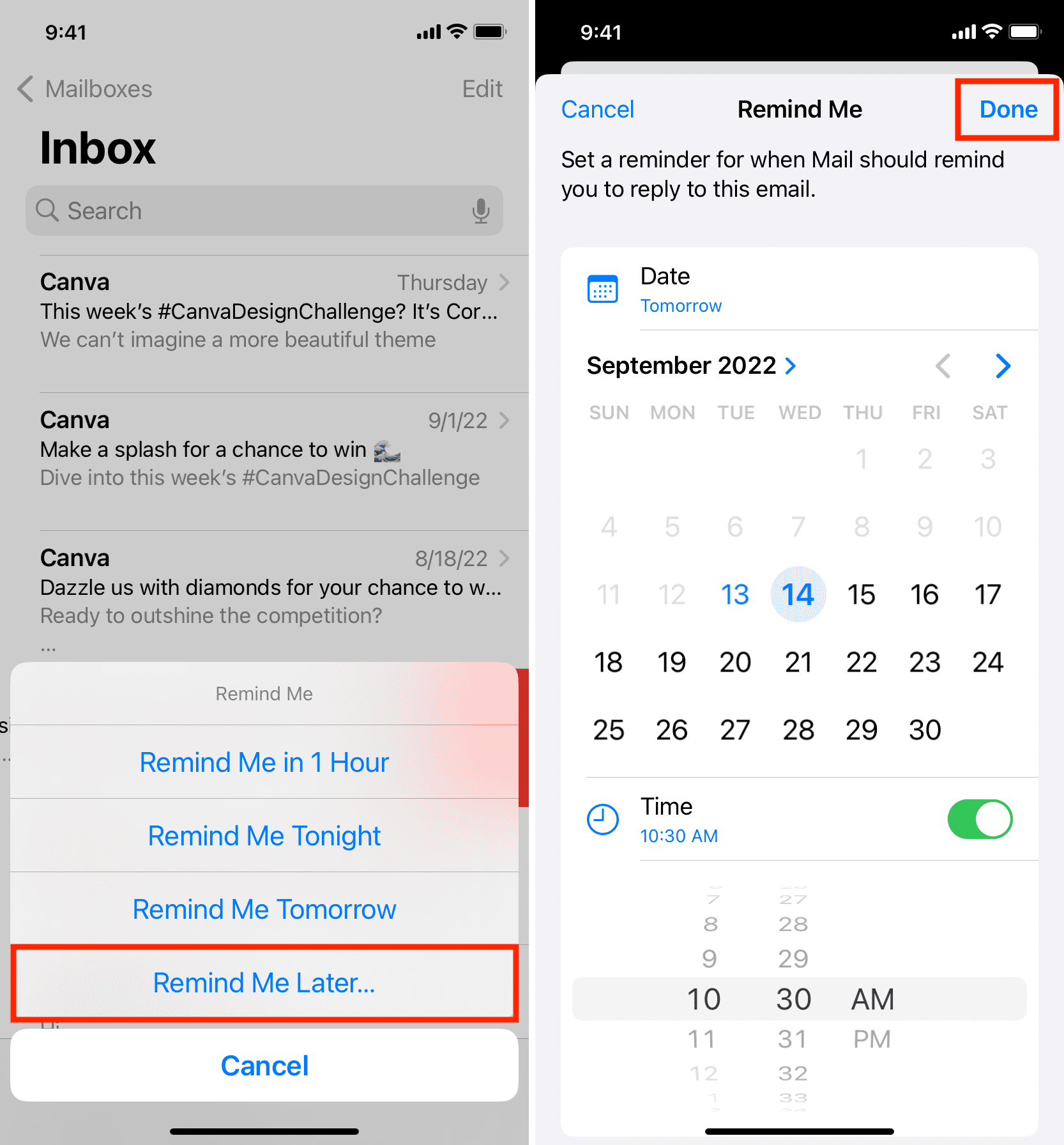 Set email reminder in iPhone Mail app