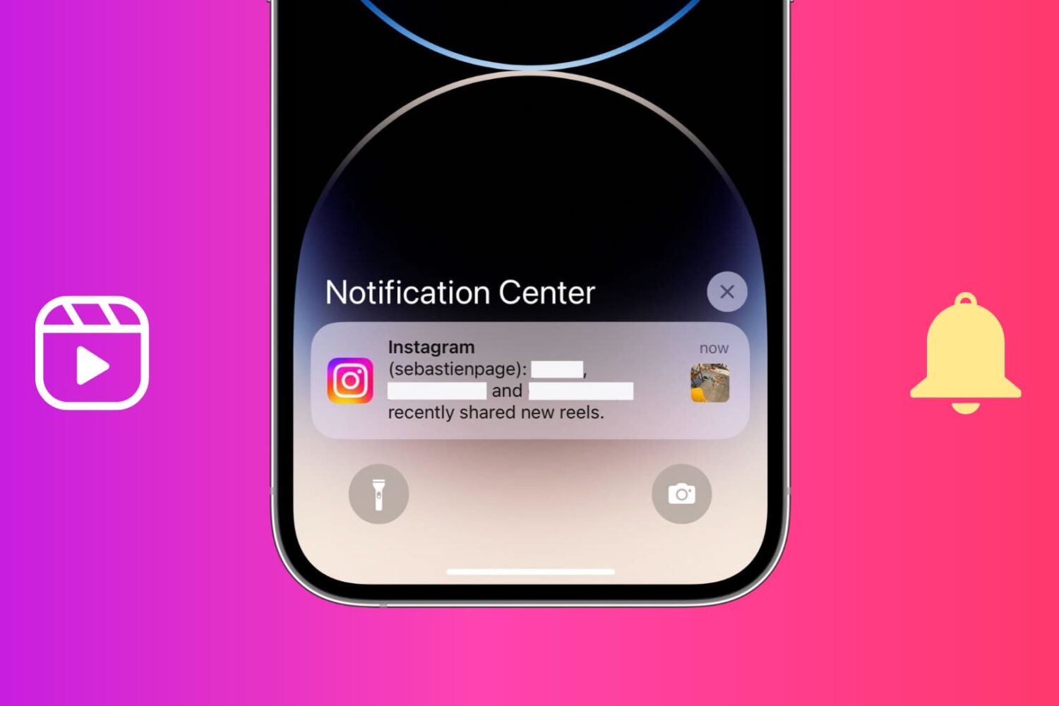 iPhone screen showing recently shared new Reels notification from Instagram with a Reels and bell icon in the background