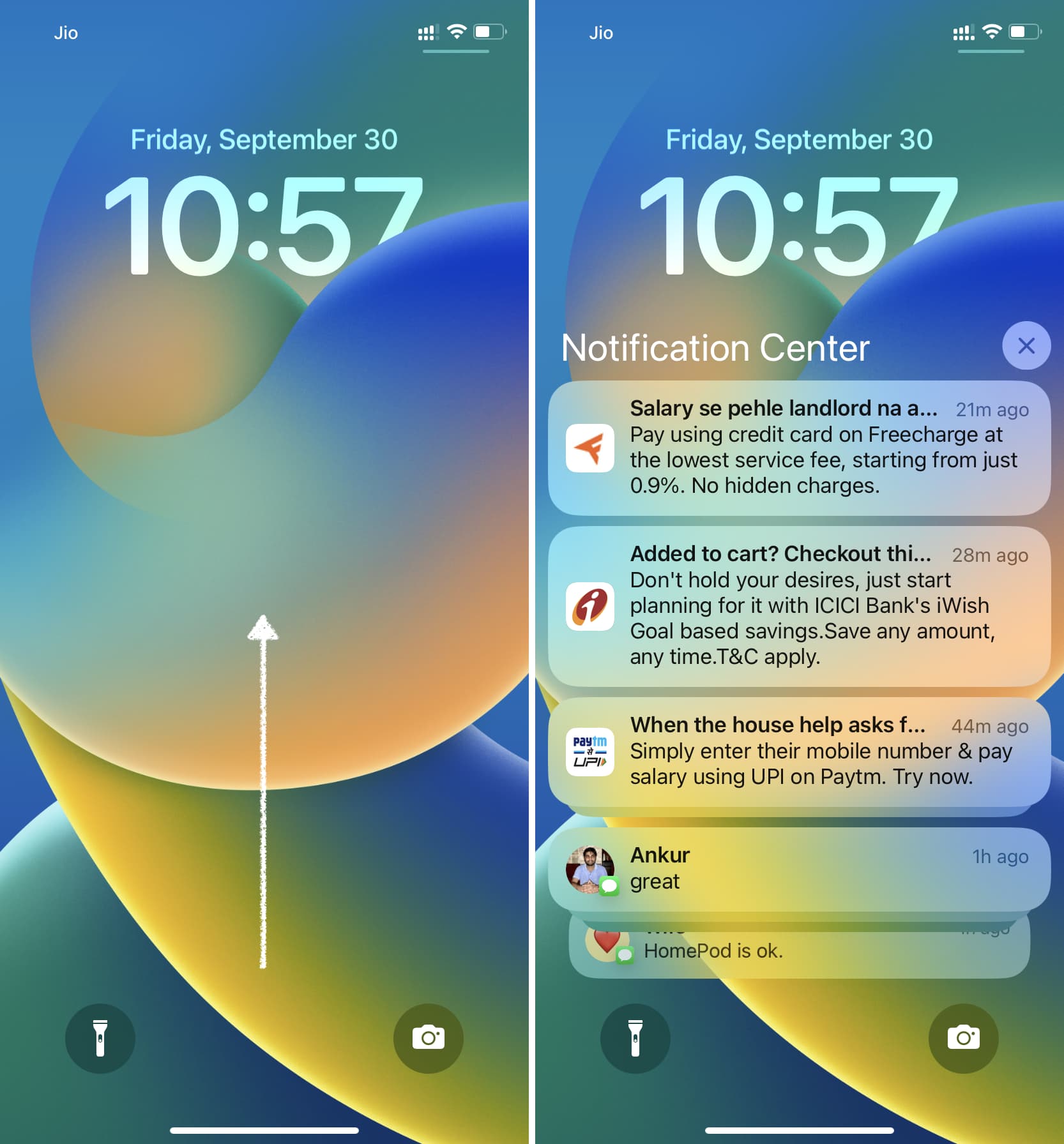 Swipe up on iPhone Lock Screen to see the Notification Center with unread notifications