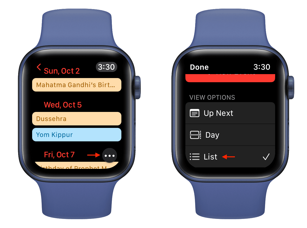 Tap More icon to change calendar view on Apple Watch