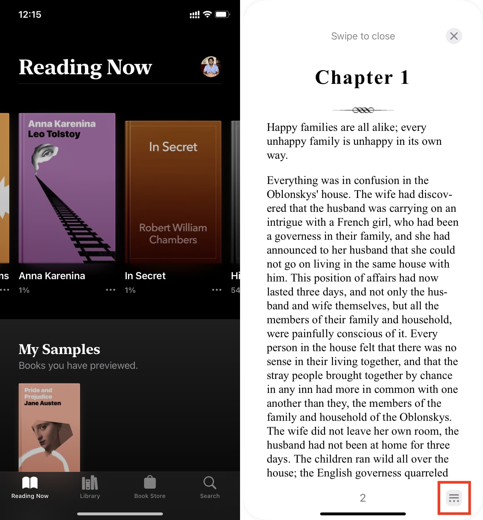 Tap the menu button when reading a book in iPhone Books app