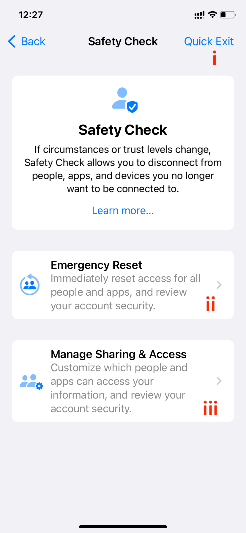 Three options on Safety Check screen in iPhone