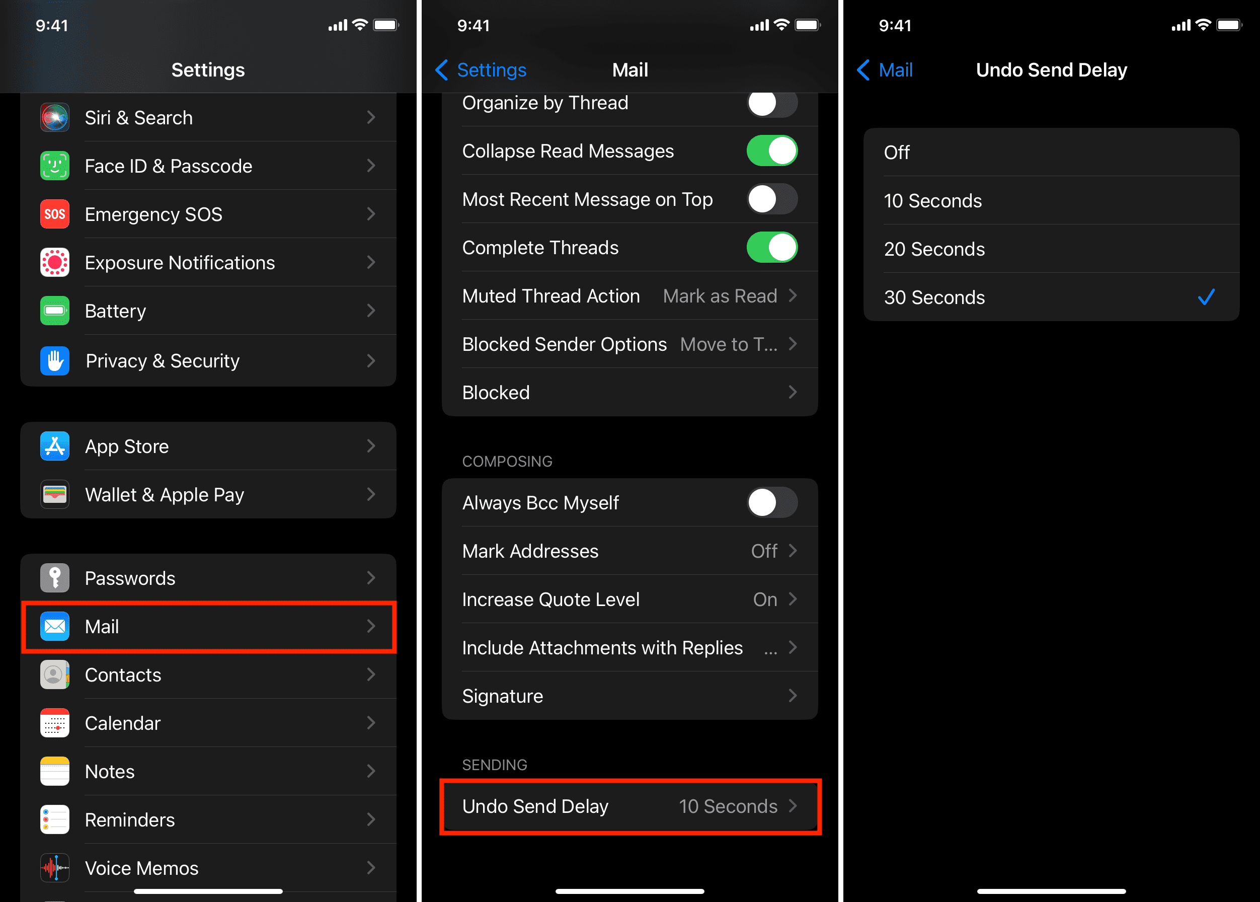 Three iPhone screenshots showing how to change Undo Send delay time