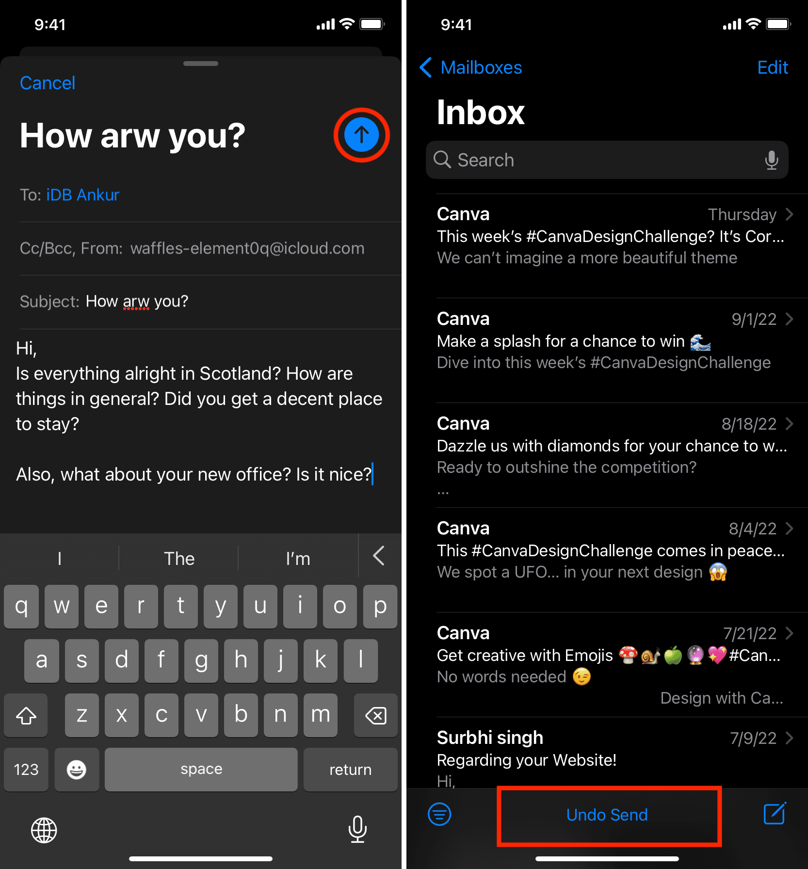 Two iPhone screenshots showing how to Undo Send an email in iPhone Mail app