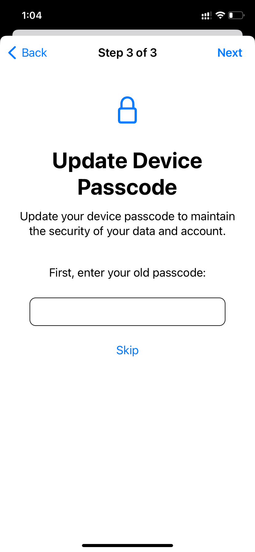 Update Device Passcode on Safety Check screen in iPhone settings