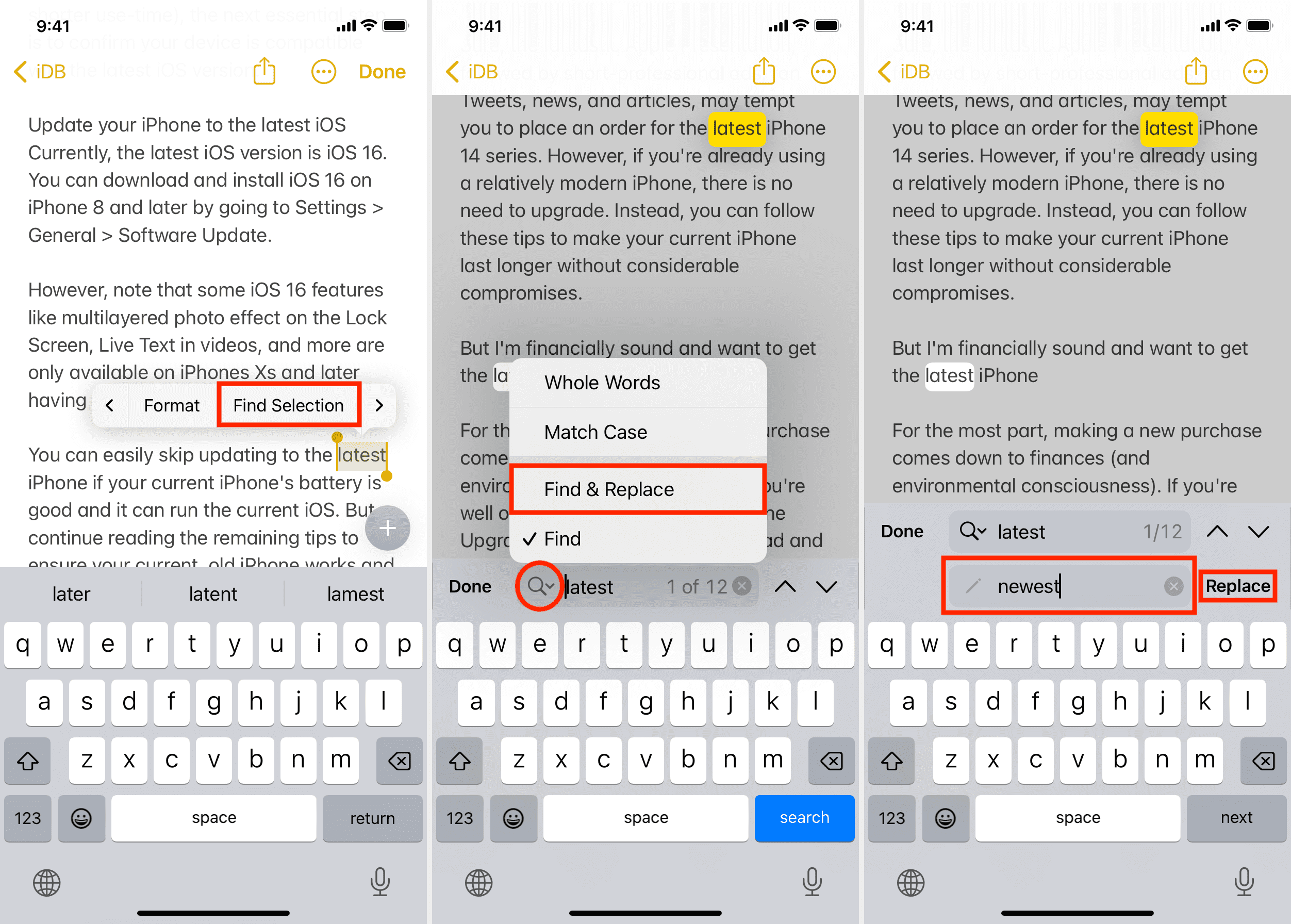 Use Find Selection to find and replace text in iOS Notes app