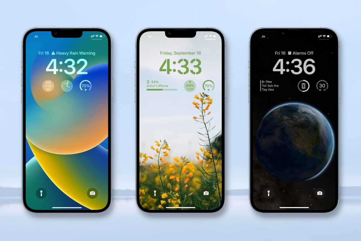 Three iPhone mockups showing different widgets on the Lock Screen in iOS 16