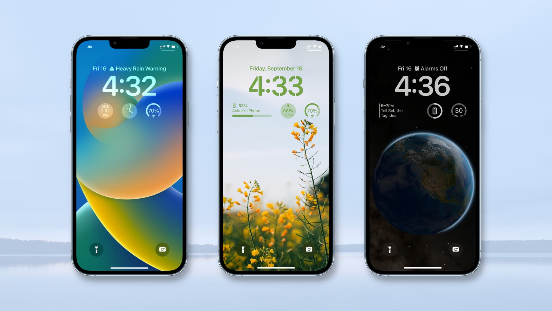 Three iPhone mockups showing different widgets on the Lock Screen in iOS 16