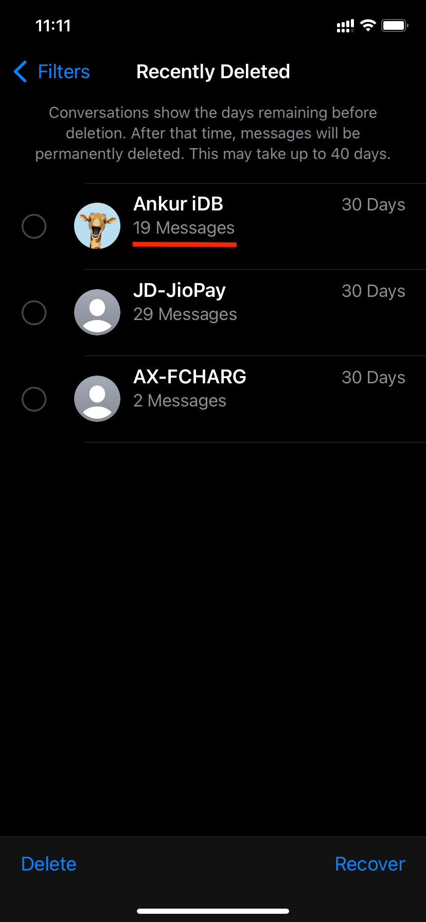 You can't recover selected messages of a chat in iOS 16