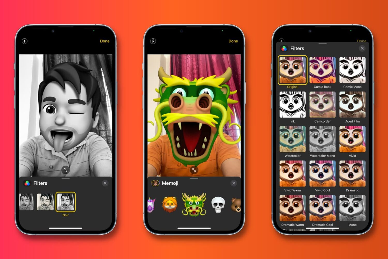 Three iPhone mockups showing iMessage Memoji and Filter effects on iPhone