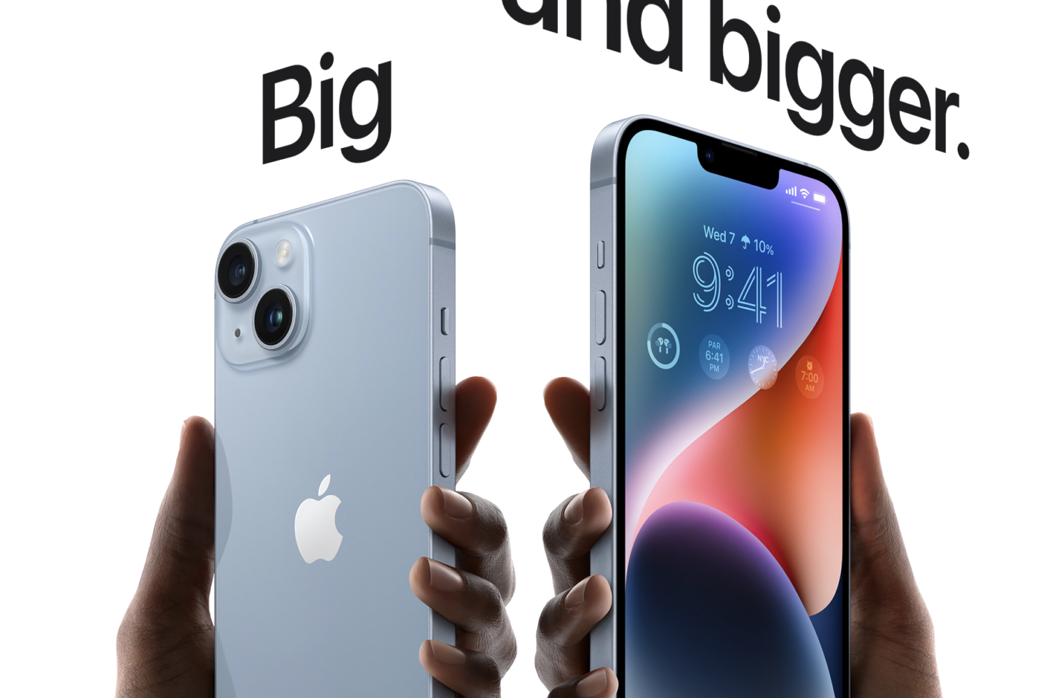 iPhone 14 and iPhone 14 Plus held in hand