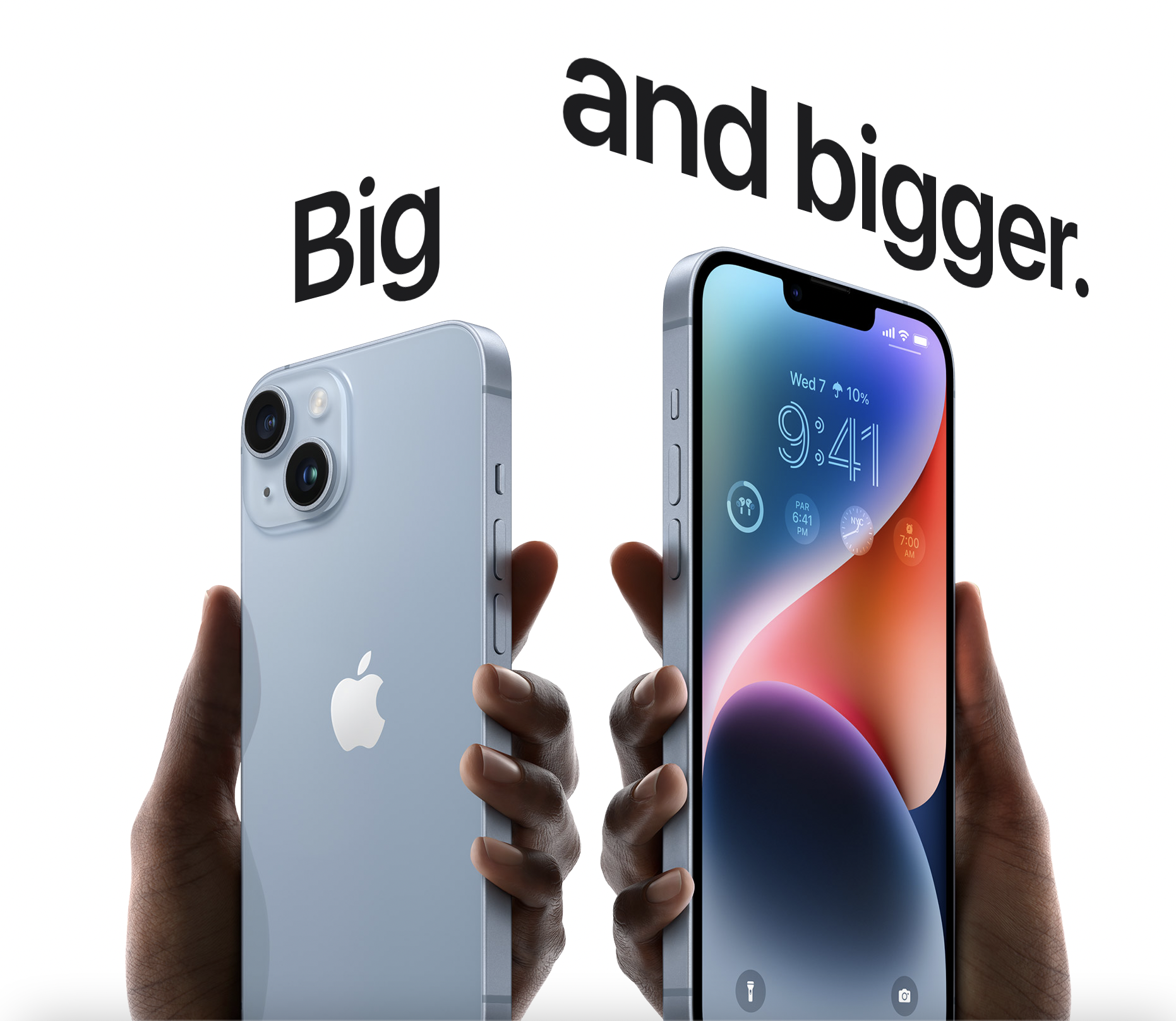 iPhone 14 and iPhone 14 Plus held in hand