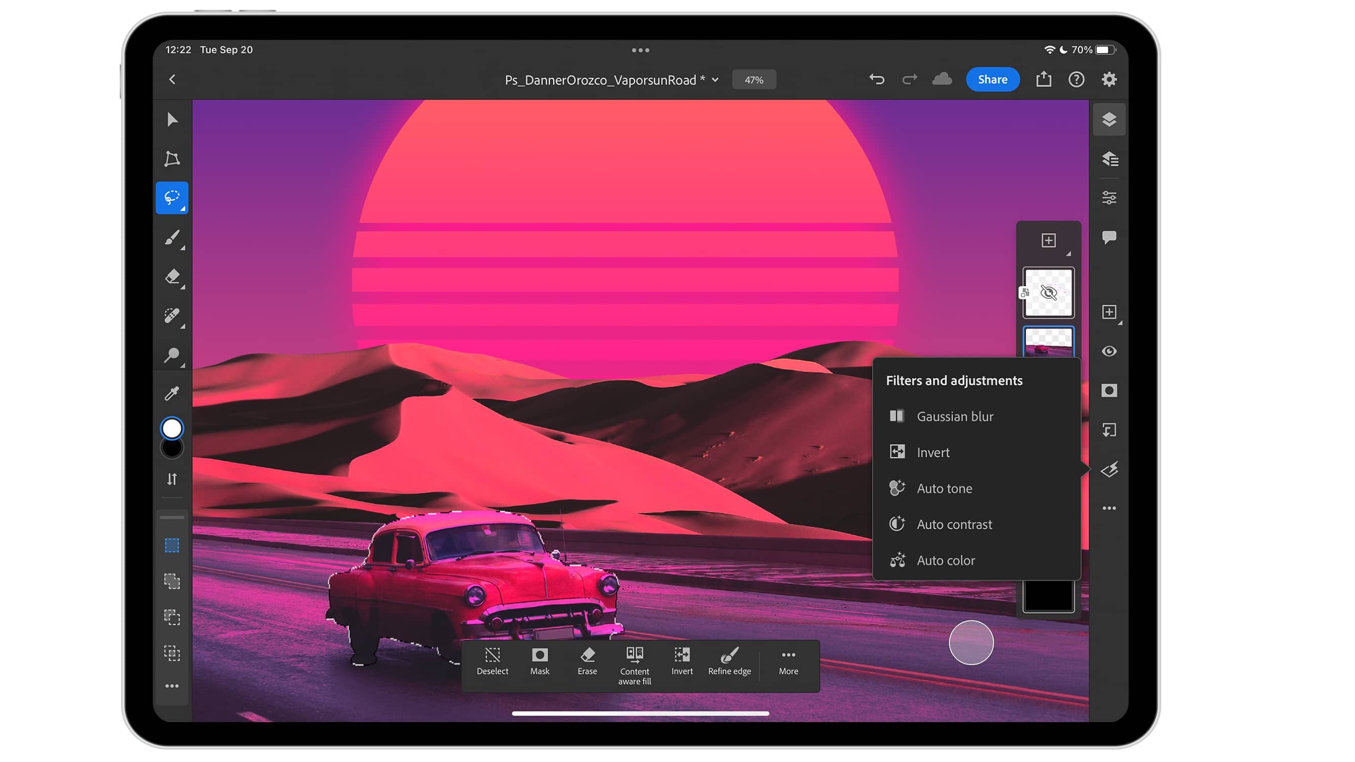 iPad Pro in landscape showcasing one-touch content-aware fill in Photoshop for iPad