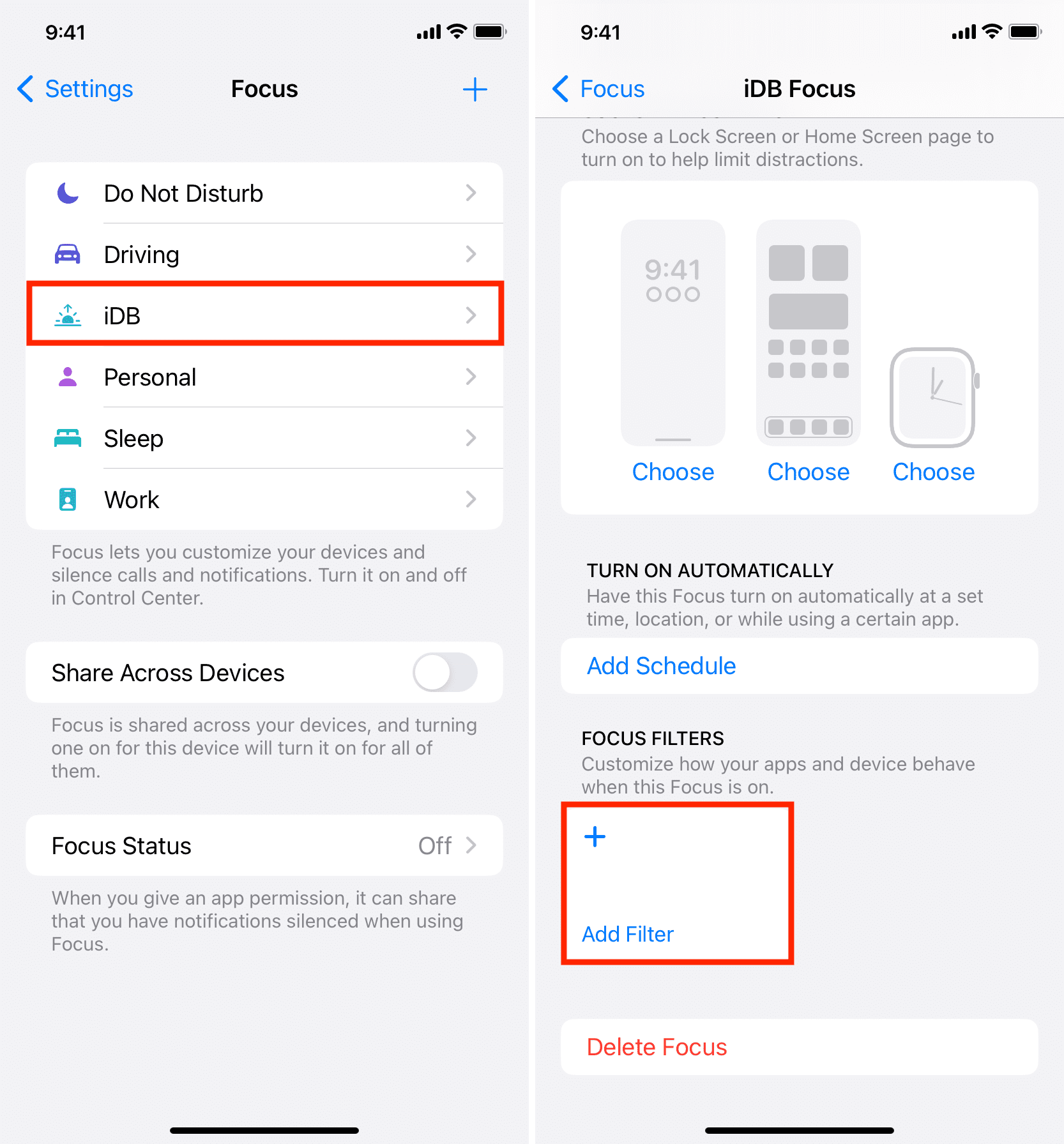 Add Focus filter in Focus mode on iPhone